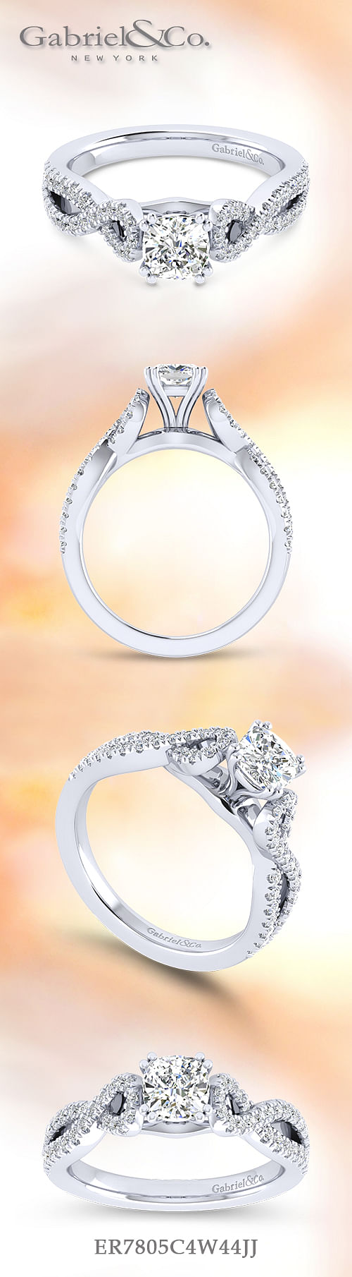 14K White Gold Twisted Cushion Cut Diamond Engagement Ring angle 